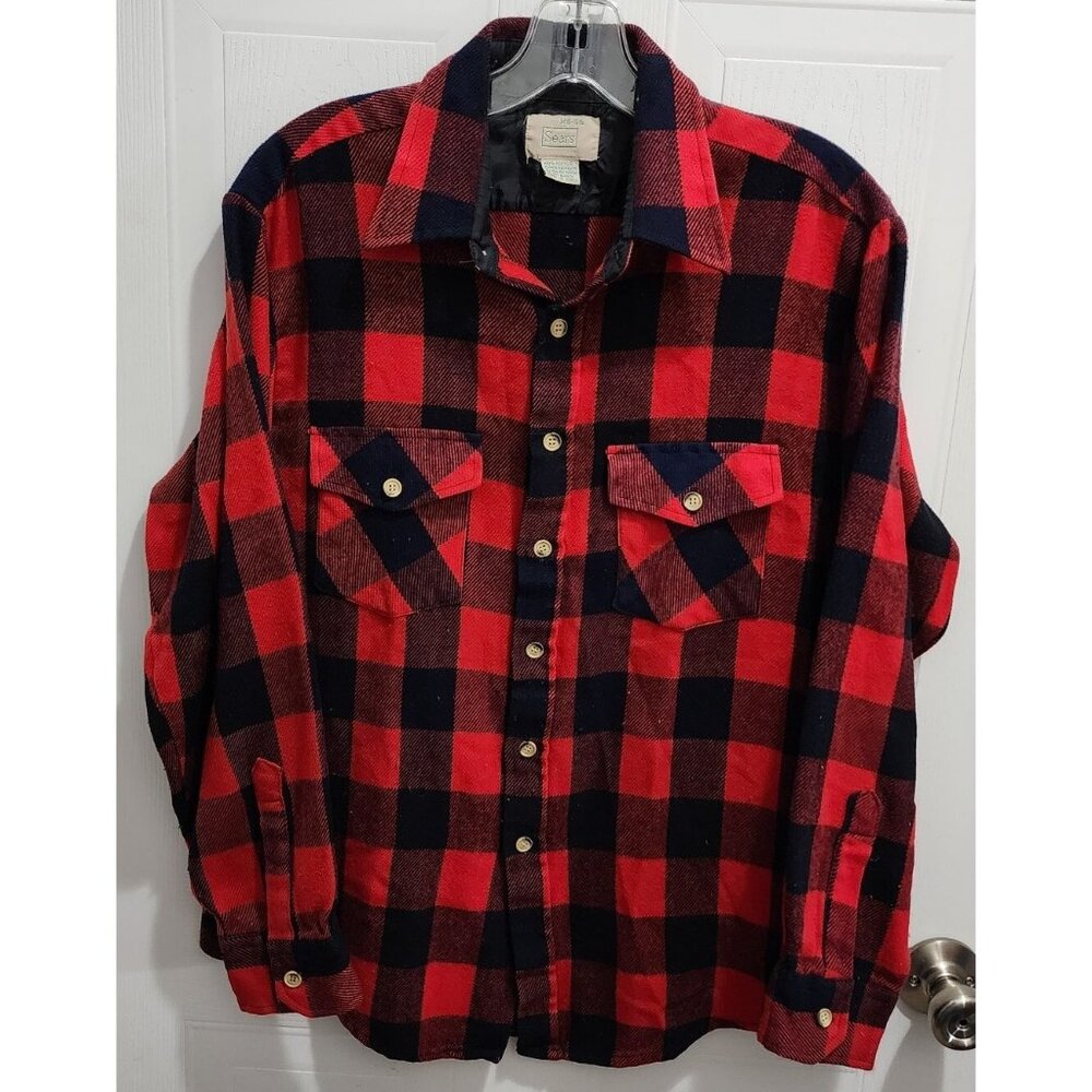 Vtg 70s Sears Long Sleeve Button Up Flannel Shirt Red Buffalo Plaid Sz M 15-15.5